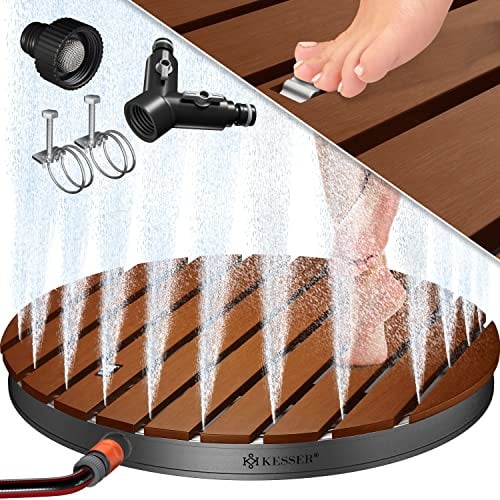 KESSER® Gartendusche Bodendusche Außendusche Saunadusche Campingdusche Ø 70 cm Rund Fontänenhöhe bis 4 m einstellbar Mit Fußrad, Aluminium/WPC, rutschfeste Wetterfest, Holzoptik