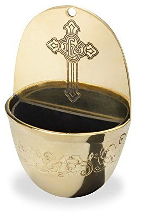 Wand-Weihwasserkessel Kreuz Messing Gold 8 x 12 cm mit Einlagebecken aus Kuststoff