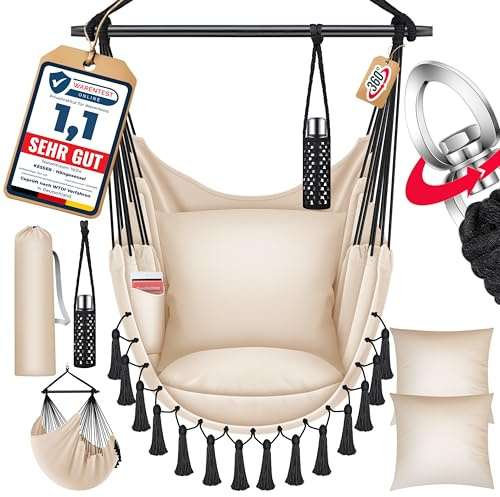 KESSER® Hängesessel Safari XXL Hängestuhl für Erwachsene & Kinder Hängematte bis 150 kg Hängesitz Aufhängung Indoor-Outdoor-Wohnen Inkl. Tragetasche, 2 Kissen, Getränkehalter & Bücherfach, Beige