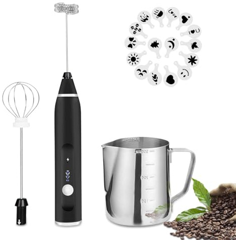 FITNATE USB Milchaufschäumer Stab,mit 3 Stufen,2 Schneebesen und Kanne | wiederaufladbar, für Kaffee, Latte