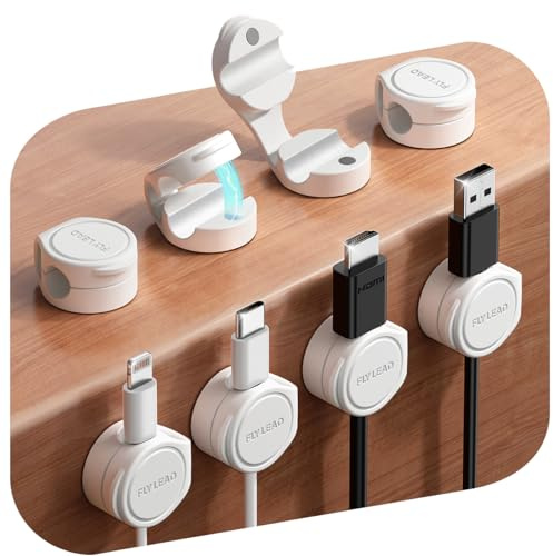 FLYLEAD 8 Stück Silikon Kabelhalter Magnetische Kabelclips Selbstklebende Kabelmanagement Schreibtisch Organizer für Nachttisch, Ladekabel, HDMI, USB, Audiokabel, Weiß