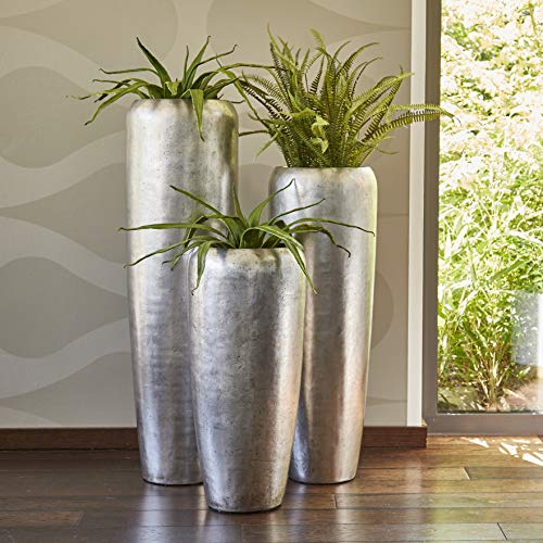 Klocke Pflanzgefäße Edle & Hochwertige Pflanzvase/Pflanzkübel - Fiberglas - Mit Einsatz – Indoor – Metallic/Metallisch Blumenkübel/Pflanzgefäß/Vase/Kübel (Medium: 100cm, Silber)
