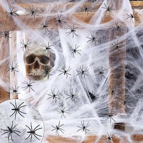 Halloween Spinnennetz Dekoration, 200g Halloween Spinnennetz mit 30 Schwarzen Spinnen, Halloween Deko, Dehnbare Spinnennetze Halloween Deko Set, Realistische Spinnennetz für Halloween, Fasching