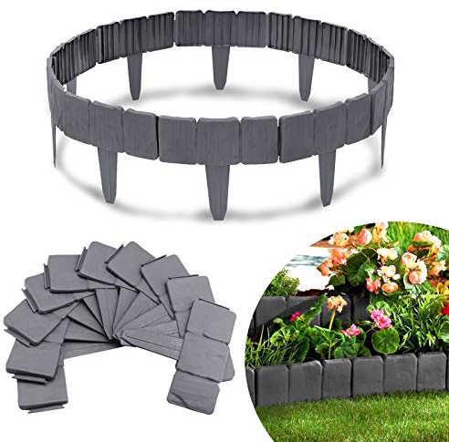 VA-Cerulean Rasenkante Kunstoff, Flexibler Steinoptik Beeteinfassung 2,5M, PP Beetumrandungen mähkante, Palisade für Blumen Gartenzaun decorativ, L25xH23cm, 10 Stücke, Anthrazit