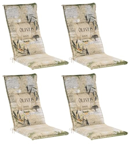 Home4You Gartenstuhlauflagen Hochlehner 4er Set - 120 x 50 cm - Olivenmotiv - Baumwolle - Sesselauflage Sitzpolster Stuhlauflage