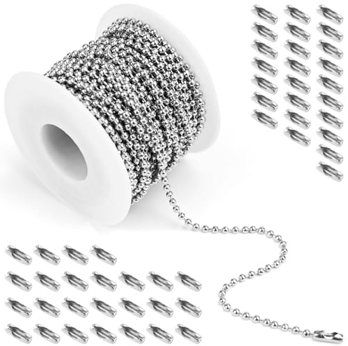 CONJURAIDE 10m Kugelkette, 2.4mm Kugelkette Edelstahl Gliederkette Silber Edelstahlkette mit 50 Stück Kugelketten Verbinder Schmuckkette für Dog Tag Kette Halskette Schlüsselanhänger