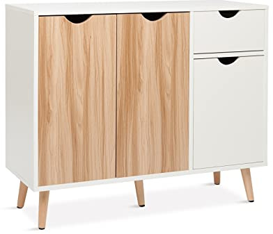Mondeer Sideboard Buffet 90 cm schmal Eiche Natur | 2 Türen + Seitentür + Schublade, viel Stauraum auf kleinem Raum, Landhausstil, für Wohnzimmer, Küche, Diele