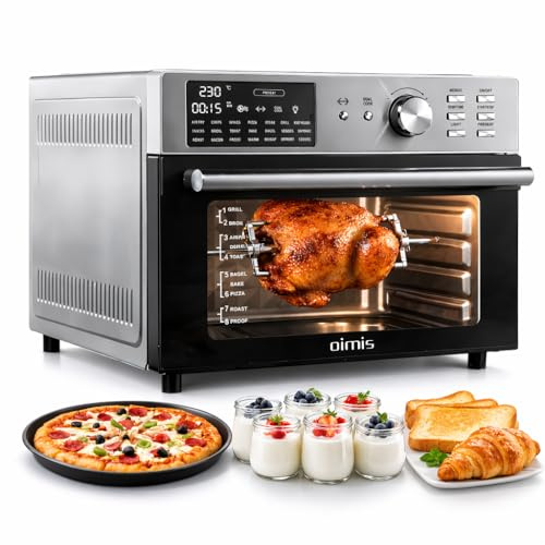 Heißluftfritteuse xxl 1800W, 30°C-230°C Air Fryer Ofen, Große Kapazität für Familie mit Tür, Rotisserie, Grill, Joghurtbereiter Toaster Dörrautomat mit Dual Cook (Silber)