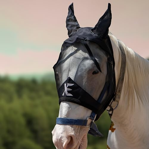 XE Pferde-Fliegenmaske mit Ohren – atmungsaktive Netz-Pferdemaske für UV-Schutz und Pferdefliegen, Standard-Reitsport-Schwarz Pferde-Fliegenmaske (Pony, S)