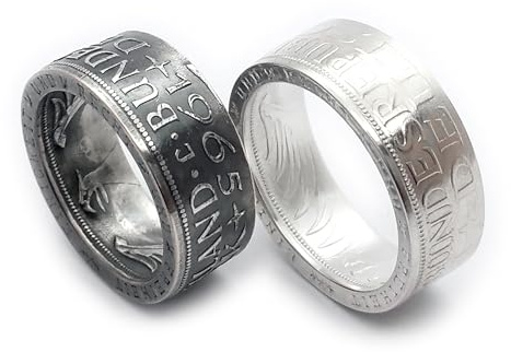 Generisch Münzring aus Silber 625, 5 Mark Silberadler Heiermann BRD, Jahrgänge 1951, 1956-1961, 1963-1974, Ringgrößen 52-68 inklusive Schmuckbeutel