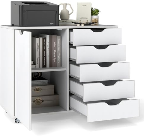 KOMFOTTEU Aktenschrank mit Rollen, Rollcontainer mit 5 Schubladen, Schubladenschrank Bürocontainer Druckertisch Holz, Bürowagen Bürocontainer weiß, 79x39x65 cm (Weiß)