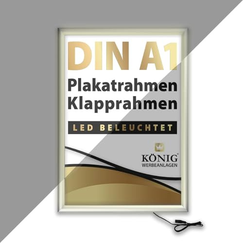 König Werbeanlagen LED Plakatrahmen DIN A1 | LED beleuchtet, Leuchtrahmen | 25mm Aluminium Profil, silber | inkl. entspiegelter Schutzscheibe | Alu Klapprahmen Wechselrahmen Posterrahmen