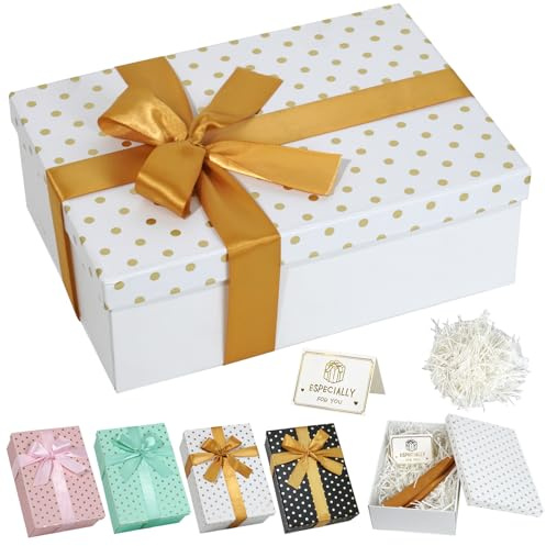 Weiß Geschenkbox mit Deckel,Groß Geschenkbox Polka Dot Muster mit Raffiapapier,Grußkarte,Schleife,25×18×8.5cm Faltbare Leere Geschenkverpackung Box für Hochzeit Geburtstag Weihnachten