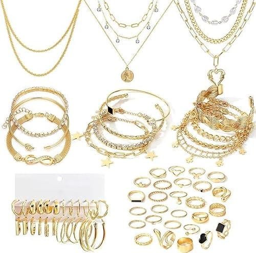 CHarmeFleur 38-59 Stück (8-9 Set) Goldplattiertes Schmuckset für Frauen mit 8 Halsketten, 12 Armbändern, 27 Ringen, 12 Paar Ohrgehänge, einfache und funkelnde Happy-Gold-Schmuckstücke für Frauen