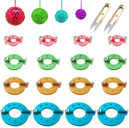 xianzhanEU Pompom Maker, 3.5 cm/5.5 cm/7 cm/9 cm, 32 Stk(16 Paar) | Bommel Maker mit 2 Scheren für Zahlreiche DIY Handarbeiten(Pink/Blau/Grün/Gelb)
