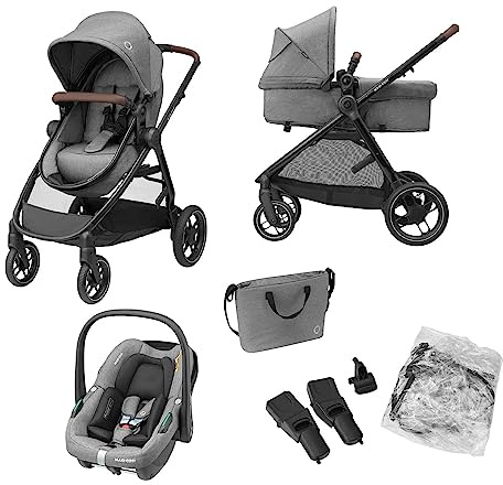 Maxi-Cosi Zelia S Trio Kinderwagen 3 in 1 Komplettset, 0-4 Jahre, bis 22 kg, Zusammenklappbar, Kompakt, Verstellbarer Baby Kinderwagen, mit CabrioFix S i-Size Babyschale, Zubehör, Wickeltasche, Grau