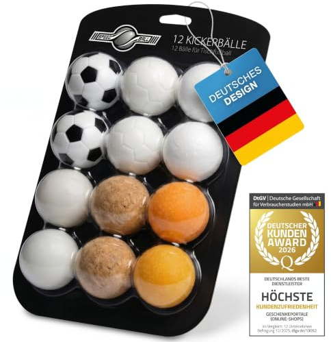 GOODS+GADGETS® Tischkicker Bälle 12er Set 35mm Profi Kickerbälle Mix | Perfektes Spielgefühl, 6 verschiedene Sorten, Tischfußball Bälle aus Kork und PU, leiser 35mm Kickerball als Ersatzset