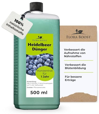 Konfitee Heidelbeer Dünger Flora Boost 500ml I Für bis zu 100L Gießwasser I Obst- & Beerendünger für Heidelbeeren I Flüssiger Blatt- & Wurzeldünger I 100% natürlicher Pflanzendünger