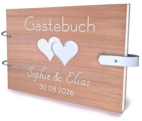 Holznager Großes Hochzeitsgästebuch aus Holz mit personalisierter Gravur & Lederverschluss – Edles DIN A4 Hochzeitsbuch mit 100 Seiten Blanko Papier – Personalisiertes Erinnerungsbuch für Fotos