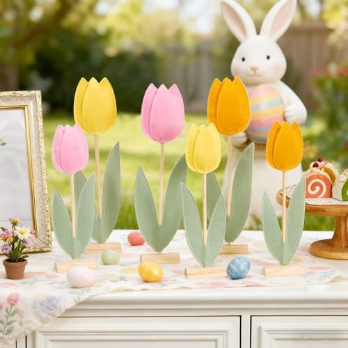SUNBEAUTY 6 Stück Tulpen Filz Centerpieces Tische Rosa Orange Blume Dekoration für Tische Blume Geburtstag Party Dekorationen Gänseblümchen Dekorationen für Mädchen Geburtstag Baby Shower Hochzeit
