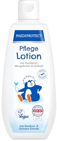 PAEDIPROTECT Pflegelotion Babys & Kinder 200 ml, Pflegelotion mit Panthenol, Feuchtigkeitspflege mit Jojobaöl & Mangobutter, für empfindliche und trockene Baby- und Kinderhaut, vegane Lotion