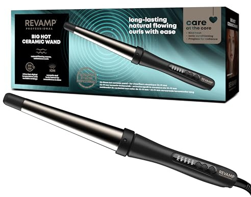 Revamp Progloss Big Wand - Beheizter Lockenstab mit Ionen-Technologie für lose Locken und Wellen, 32-19mm konischer Keramikzylinder, mit Standfuß, hitzebeständigem Handschuh und Abschaltautomatik