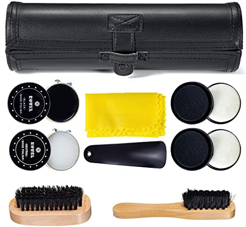 YUET Schuhpflegeset,Schuhputzset 9-teilig mit einem glatten und eleganten Holzbürsten in praktischer Tasche mit PU Etui, Schuhputz-Reise Set mit Bürste bestehend , stabilen Borsten