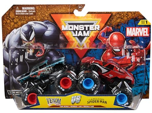 Monster Jam - Zweier-Pack Original Monster Trucks im Marvel Superhelden-Design, Venom vs. Spider-Man, Maßstab 1:64, ab 3 Jahren, Schwarz