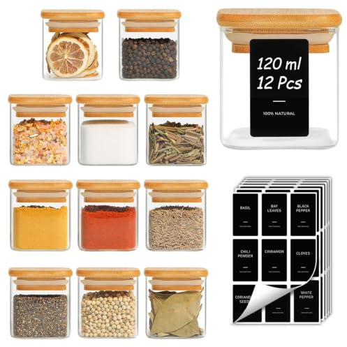 ComSaf Gewürzgläser Eckig, Glas-Gewürzstreuer für Gewürze 120 ml, 12er Set | Borosilikat, Bambusdeckel, Gewürzdosen, Gewürzbehälter, Etiketten, Kräuter, Tee und Kaffee