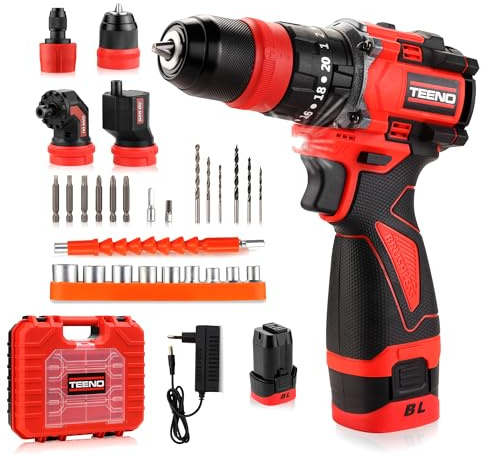 TEENO 18V Bürstenloser Akku-Bohrschrauber Kit, 4 in 1 Multifunktional 45Nm Akkuschrauber, 20+3 Drehmomentstufen Klein Akkubohrer mit 2 x 2.0Ah Akku, Schnellbohrfutter, Rechtwinkliger Adapter, LED