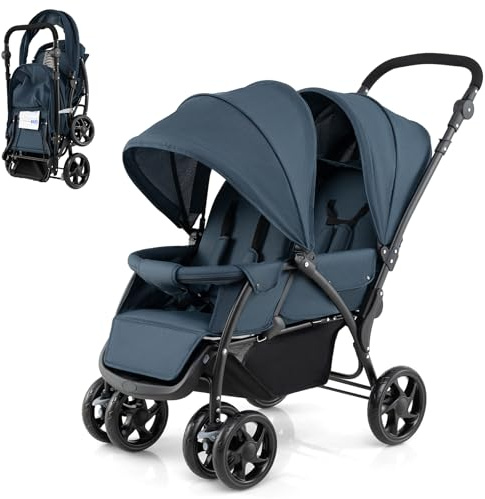 DREAMADE Geschwisterwagen 2 in 1, Doppelkinderwagen baby und kleinkind, Zwillingswagen Faltbar, Babywagen mit Doppelsitz, kinderwagen für 2 kinder (Blau)