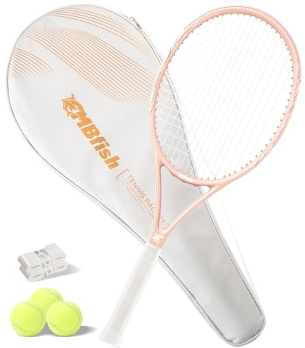 MBFISH Tennisschläger, hochwertiges Set mit robusten Saiten, 27 Zoll Tennisschläger für Erwachsene, inklusive 3 Tennisbälle, bequemer Griff, 2 Overgrips und 1 Tennistasche (Rosa)