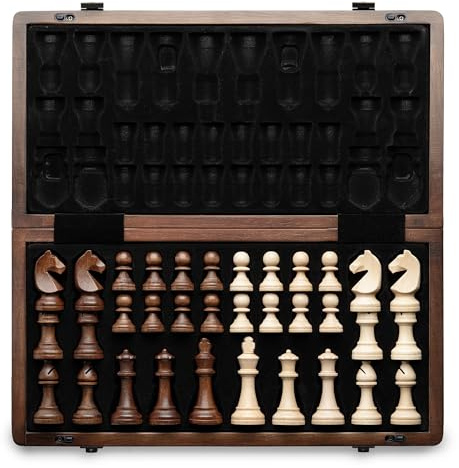A&A 38cm/15 Magnetisches Schachspiel aus Holz, Handgefertigte Staunton-Schachfiguren (7,6cm/3" Königshöhe) mit 2 zusätzlichen Damen, Klappbares & Tragbares Reisespiel-Set