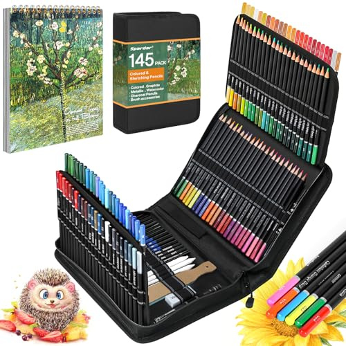 Spardar 145 Teiliges Zeichenstifte Professionell Set, für Anfänger & Profis | Zeichenset, mit 120 Farbige Buntstifte, Kohlestiften, Graphitstift und Aufbewahrungstasche & Skizzenbuch A4