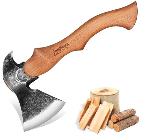 Japaknives Axt Beil - Wikinger Spaltaxt für Holz, Handgeschmiedete - 38cm | Ergonomische Griff aus Palisanderholz, Beidseitige Ausführung, Campingäxte für Survival Trekking, Ideal als Geschenk