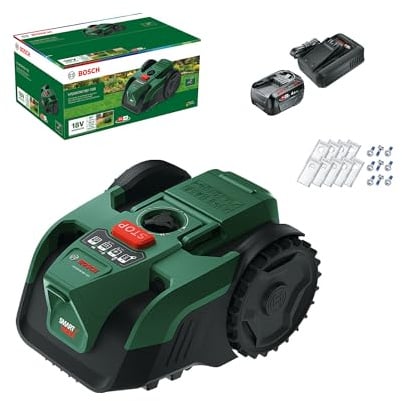 Bosch Akku-Mähroboter VISIMOW18V-100 (für Rasenflächen bis 100 m², Schnittbreite: 16 cm, Schnitthöhe: 20-60 mm, mit Ersatzmessern, inkl. Akku und Ladegerät)
