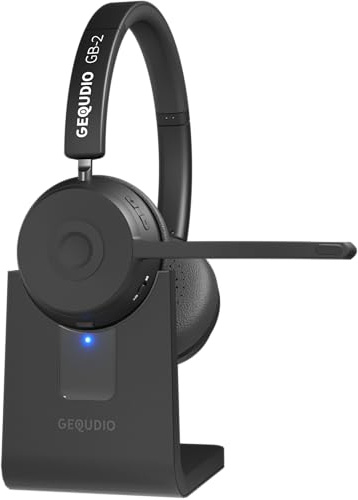 GEQUDIO GB-2 Bluetooth Headset [Edition 2026] – Verstärkter Edelstahl-Bügel – Kabellose Kopfhörer mit Mikrofon, Passives Noise Cancelling, Multipoint (2 Geräte), 500h Standby (inkl. Ladestation)
