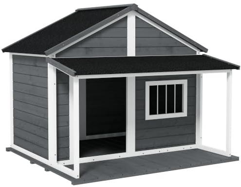 PawHut Hundehütte aus Massivholz Kleintierhaus isoliertes Hundehaus mit Terrasse Asphaltdach Outdoor wetterfeste Hütte für draußen Grau 127 x 112 x 109 cm