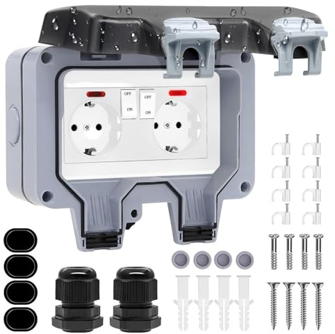 Außensteckdose Steckdose IP66 Wasserdicht Steckdose mit Schalter Kontrollleuchte, Wandsteckdose Feuchtraum Aufputz Schutzkontakt Gartensteckdose Staubdicht Wetterfest Outdoor Steckdose mit Klappdeckel