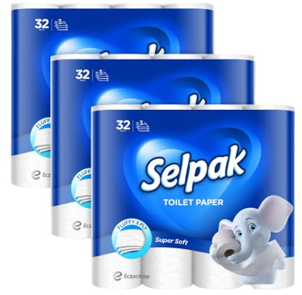 Selpak Toilettenpapier 3-lagig, 96 Rollen (32 Rollen, 3-er Pack), 140 Blatt pro Rolle, Klopapier 100% reine Zellulose, Extra Weich und Stark, Toilet Paper, WC Papier