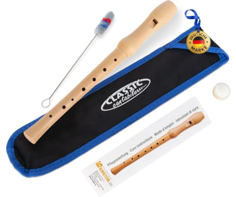 Classic Cantabile Stella Blockflöte Ahorn deutsche Griffweise, Länge: 32 cm | 2-teilige Blockflöte, Aus edlem Ahorn, Stimmung: C-Sopran, Mit schwarzem Etui, Inklusive Wischerstab und Korkfett, 1 x Etui