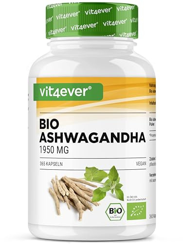 vit4ever Bio Ashwagandha - 365 Kapseln - Bio-Wurzelpulver aus Indien | Echtes naturbelassenes Wurzelpulver mit vollem Nährstoffprofil - Laborgeprüft - Vegan