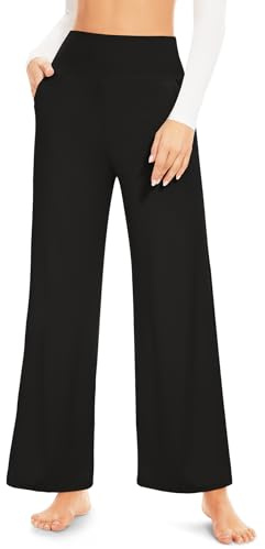 ACTINPUT Yogahose Damen High Waist - Straight Hosen Damen mit Taschen, Weites Bein Schlaghose Freizeithose Jogginghose Baggy Elegant Sports Yoga Pants Sportleggings Homewear Damen (Schwarz,M)