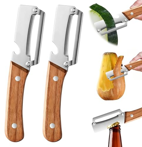 POP lina Multifunktionaler Gemüseschäler für die Küche, 2 Stücks Schäler aus Edelstahl, Sparschäler mit Holzgriff, Gemüseschäler und Flaschenöffner für Obst, Gemüses