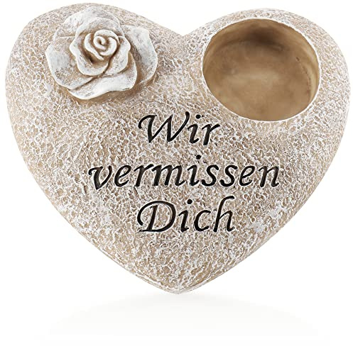 com-four® Grab-Dekoration in Herz-Form mit Rose, Gedenkstein mit Halter | Gedenkstein mit Halter für Grabkerze oder Grabschmuck - Trauerstein