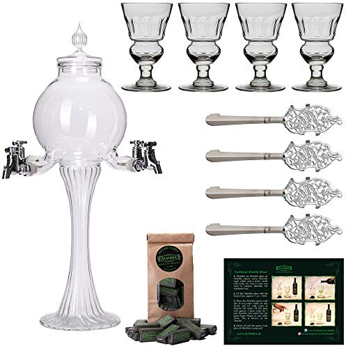 ALANDIA Absinth Zubehör Set 1x Absinth Fontäne Boule | 4x Gläser mit Reservoir | 4x Löffel aus Edelstahl | 1 Zuckerwürfel