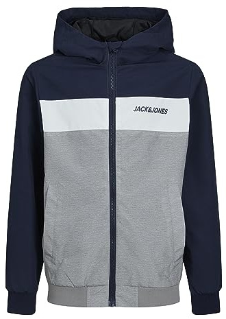 JACK & JONES JUNIOR Jungen JJERUSH Blocking Hood Bomber NOOS JNR Jacke, Marine - grau - weiß,152