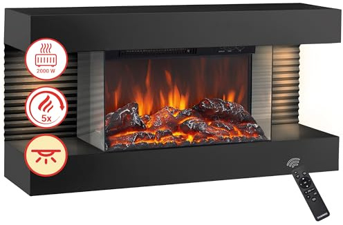 KAMINIO Elektrokamin Liz - Elektrischer Wandkamin mit Heizung, 3D-Flammeneffekt, LED-Ambientelicht, Fernbedienung (Schwarz)