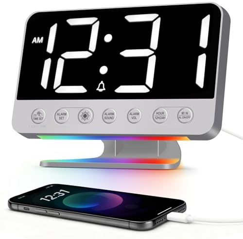 Venchin Wecker Digital: Lauter Alarm für Tiefschläfer 30-110dB 8 RGB-licht USB-Ladeanschluss Snooze 6 Helligkeit 4 Lautstärke 12H/24H Modern LED Tischuhr