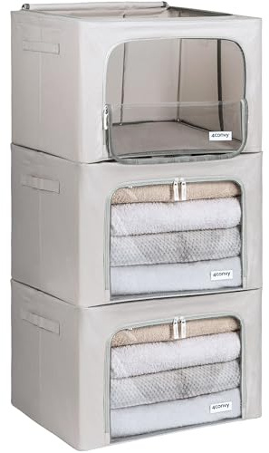 4CONVY Kleideraufbewahrung Kleiderschrank Box mit Reißverschluss Metallrahmen - große faltbare stapelbare Aufbewahrungsbox -3x66L Aufbewahrungstaschen - Kleiderbox für Bettdecke Kleidung Aufbewahrung